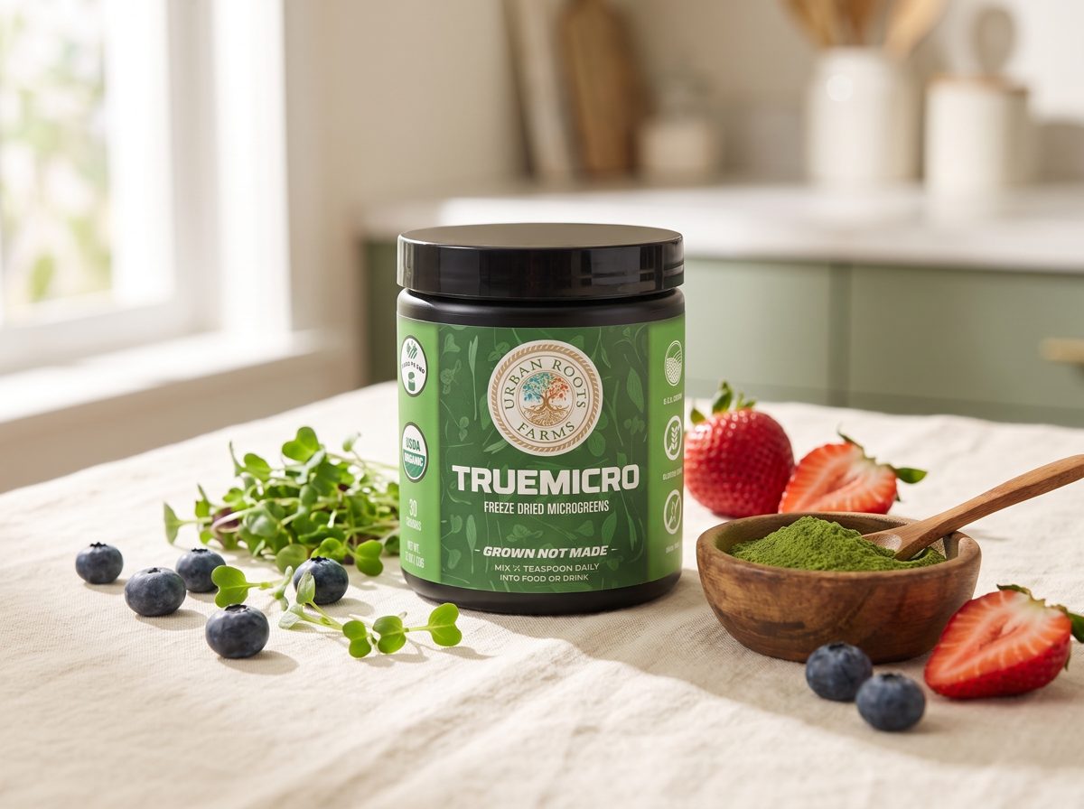 Urban Roots Farms TrueMicro jar with fresh microgreens, berries, and green powder